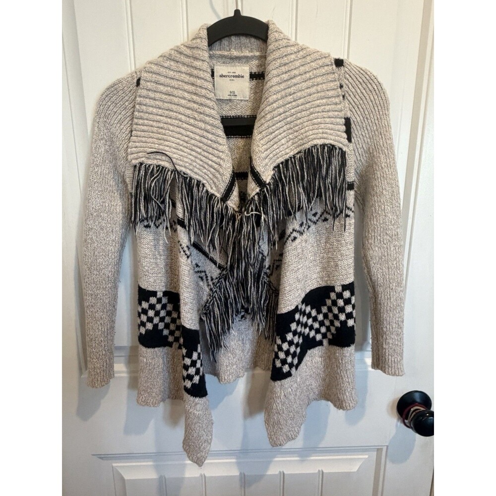 Abercrombie Kids Girls 9/10 Cardigan Sweater Fringe Oatmeal Black Geometric Boho